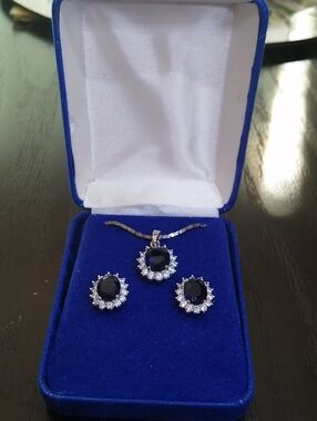 Royal Deluxe Fax Sapphires Necklace And Earrings Set In Original Box